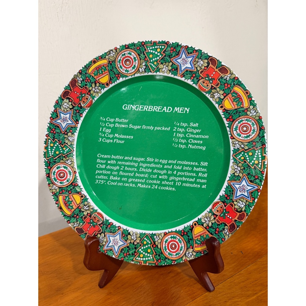 Vintage Christmas Gingerbread Men Recipe Tin Tray Holiday Decor Green 10 inch